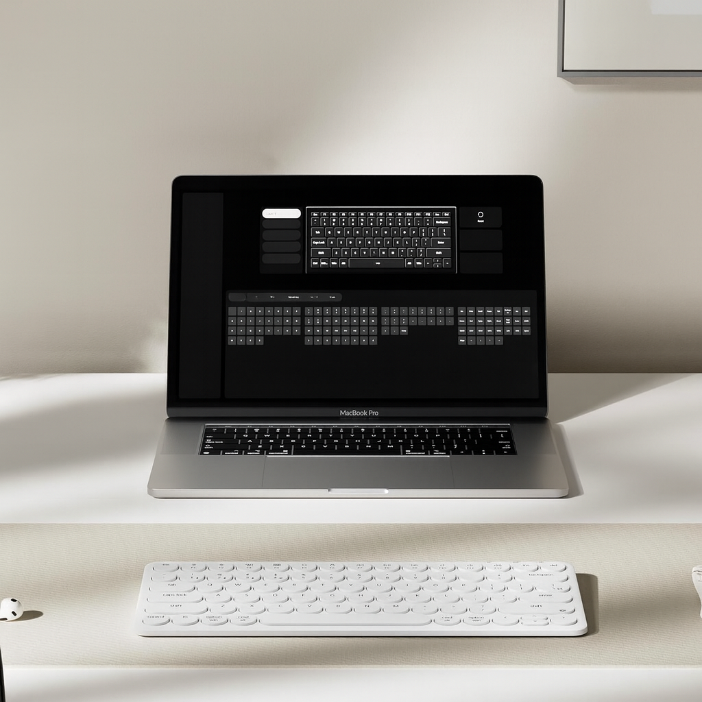 MacBook Pro z aplikacją klawiatury na ekranie stoi na biurku. Z przodu znajduje się biała klawiatura.