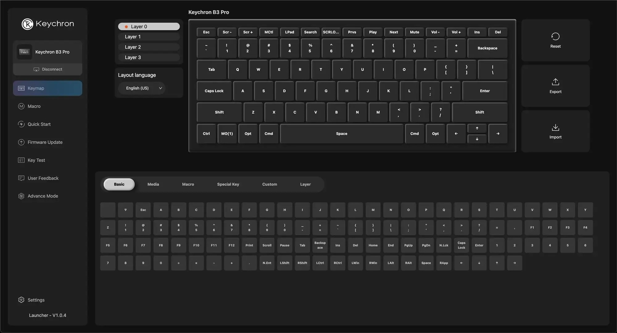 Oprogramowanie Keychron B3 Pro wyświetla układ klawiatury, opcje warstw i ustawienia.