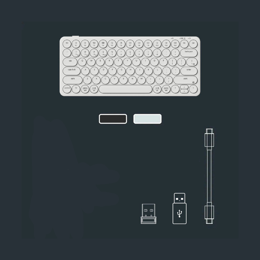 Biała klawiatura, odbiornik USB, adapter USB i kabel na ciemnym tle.