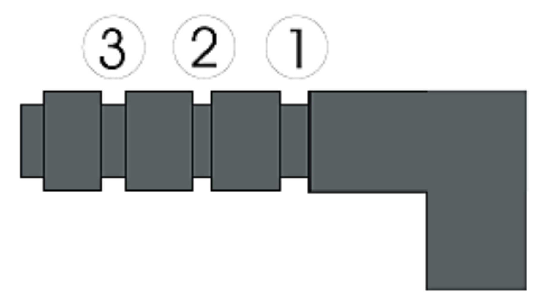 Szary obiekt w kształcie litery L z trzema stopniowanymi cylindrami i cyframi 1, 2, 3.