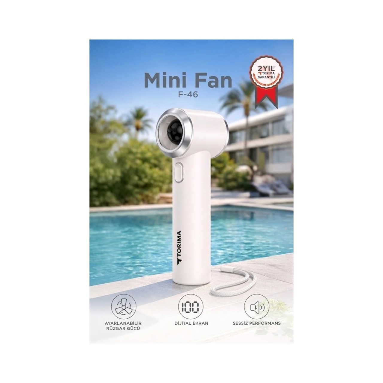 TORIMA F46 Dijital Göstergeli 5 Kademeli Turbo Mini Fan Şarjlı El Vantilatörü Beyaz