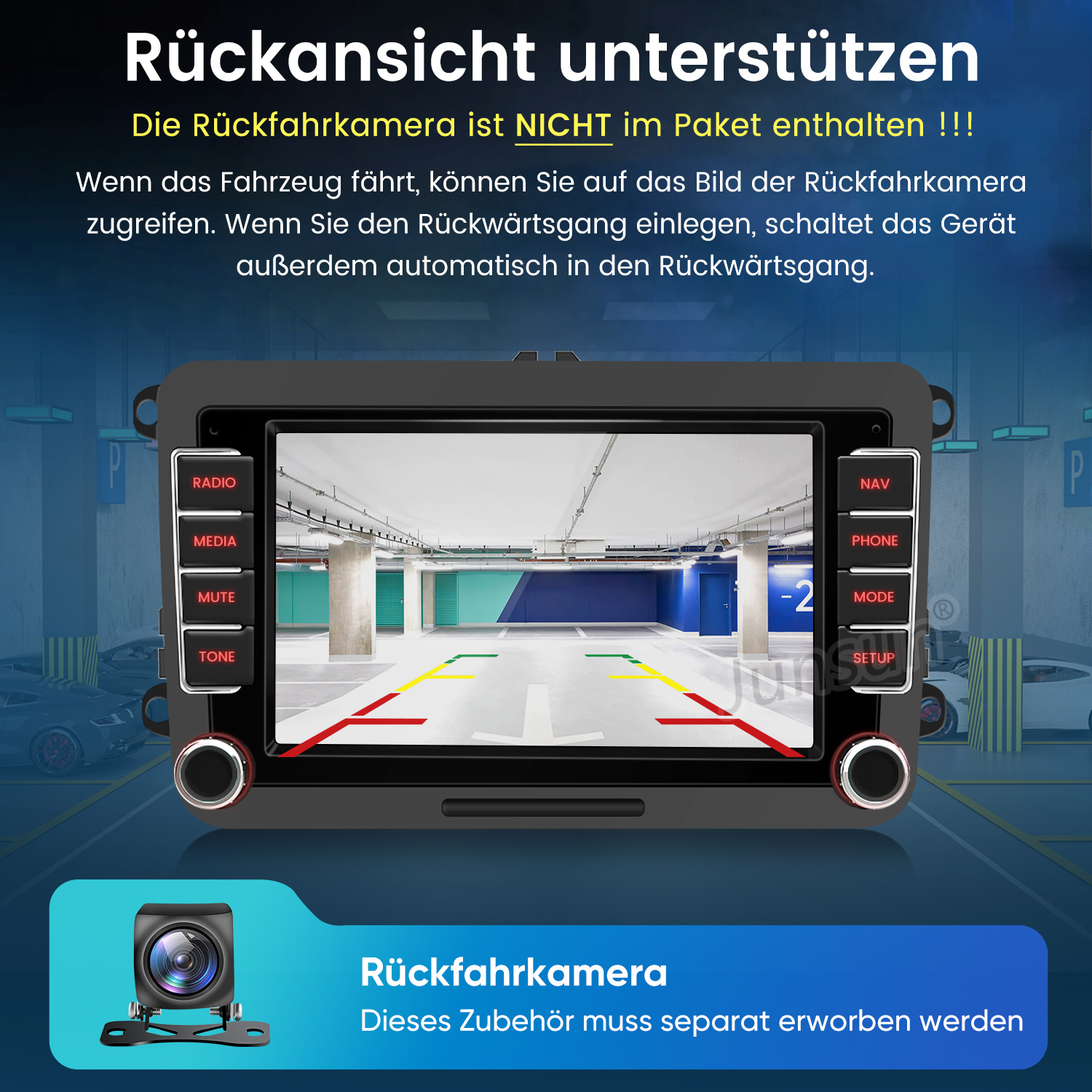 Ein Autoradio zeigt eine Rückfahrkameraansicht eines Parkhauses.