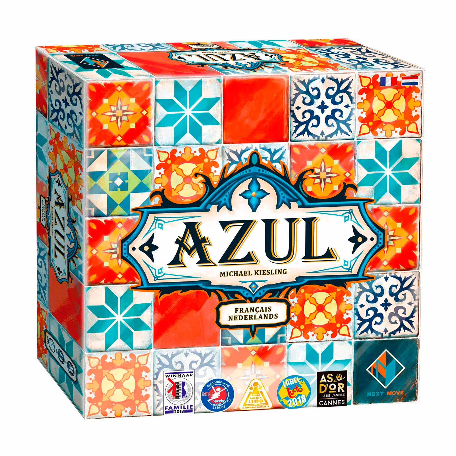 De speldoos toont kleurrijke tegels en de naam AZUL.