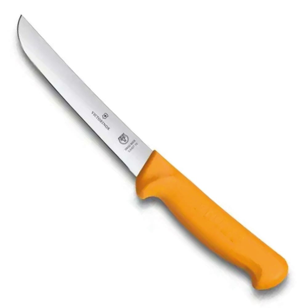 Turuncu saplı ve gümüş renkli bıçaklı keskin bir Victorinox bıçağı.