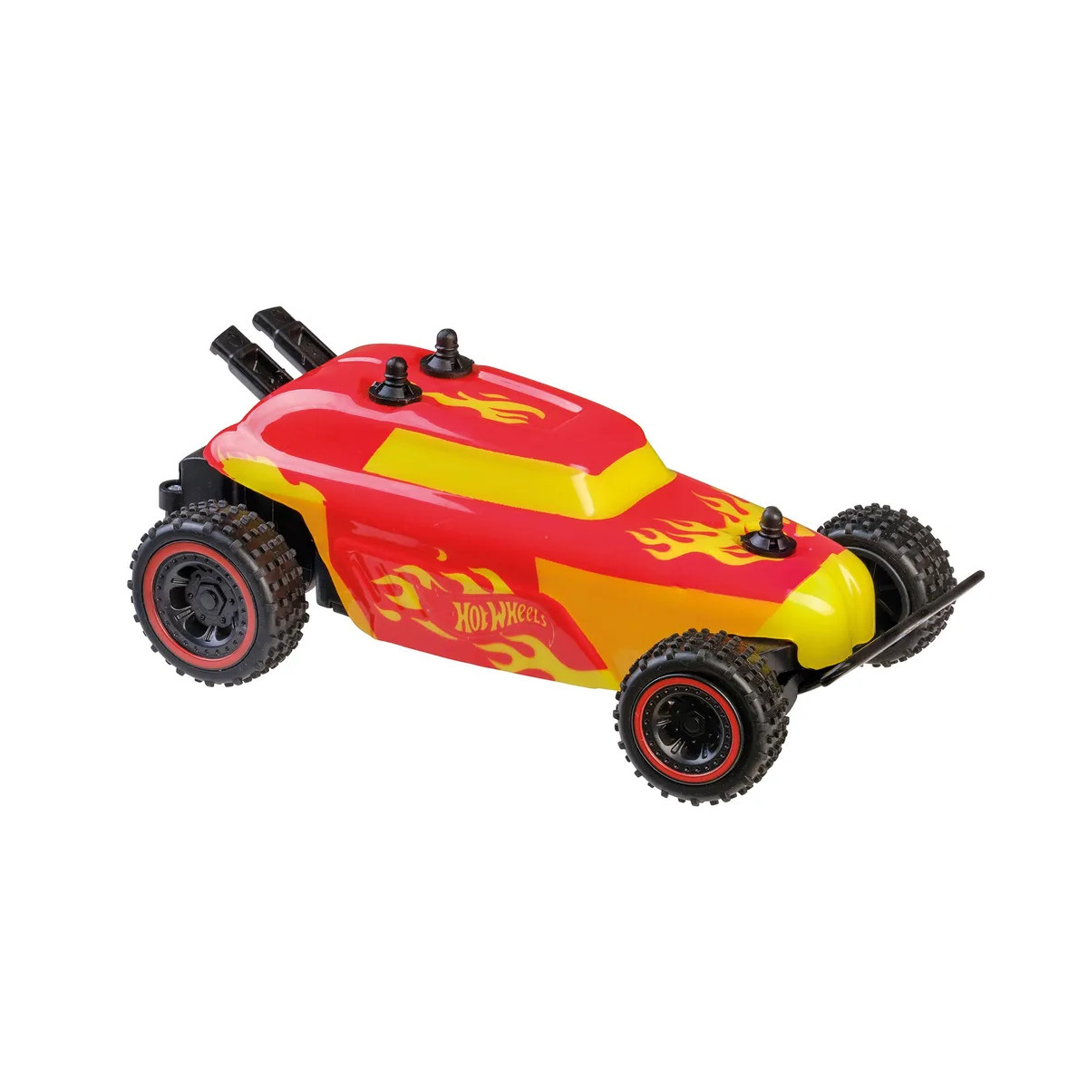 Ein rotes und gelbes ferngesteuertes Auto mit Flammen-Design und Hot Wheels-Logo.