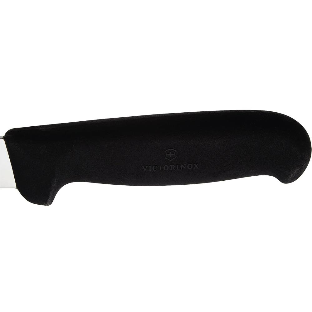 Victorinox logolu siyah bıçak sapı. Solda metal bıçak.