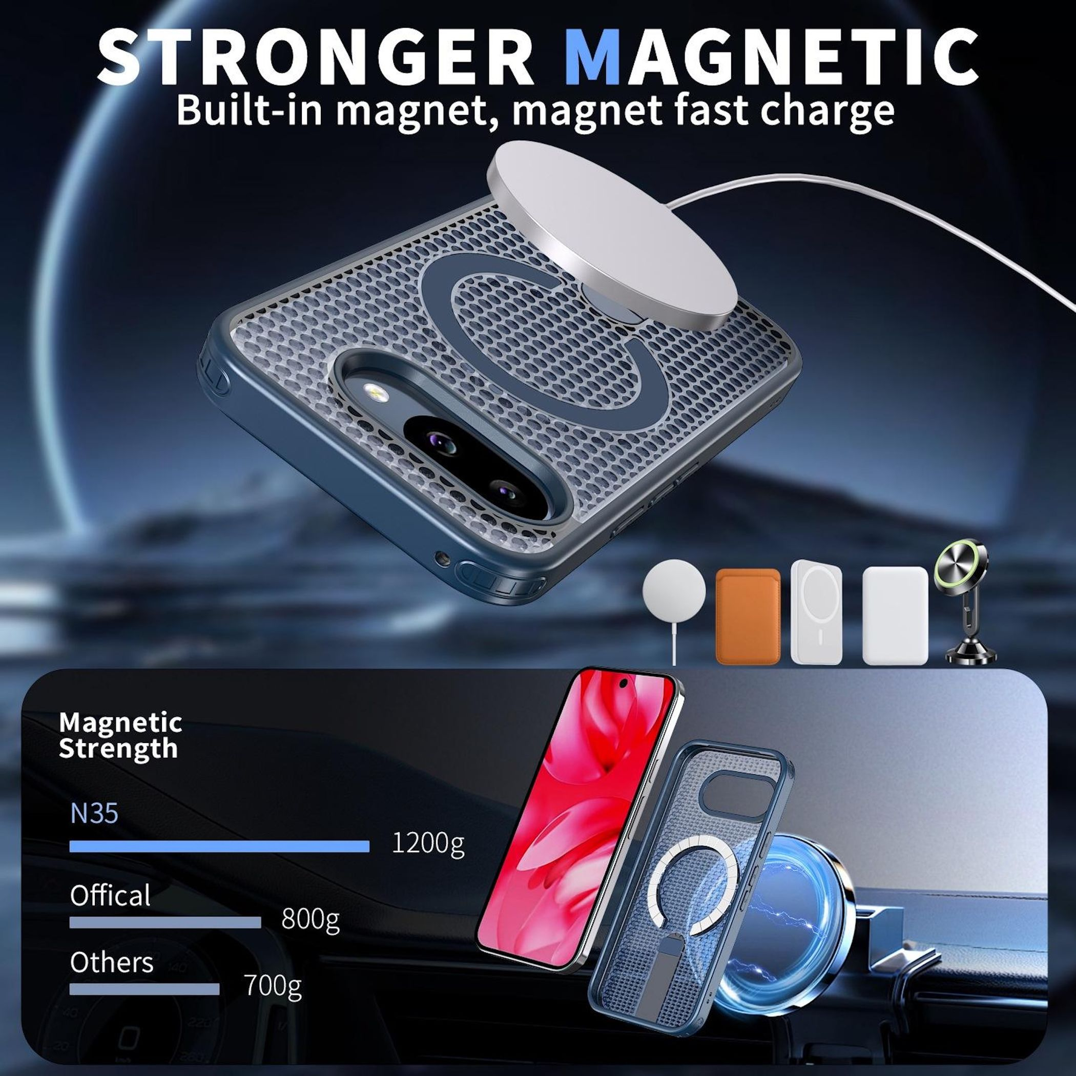 Ein magnetisches Handy-Ladegerät und Zubehör werden gezeigt.