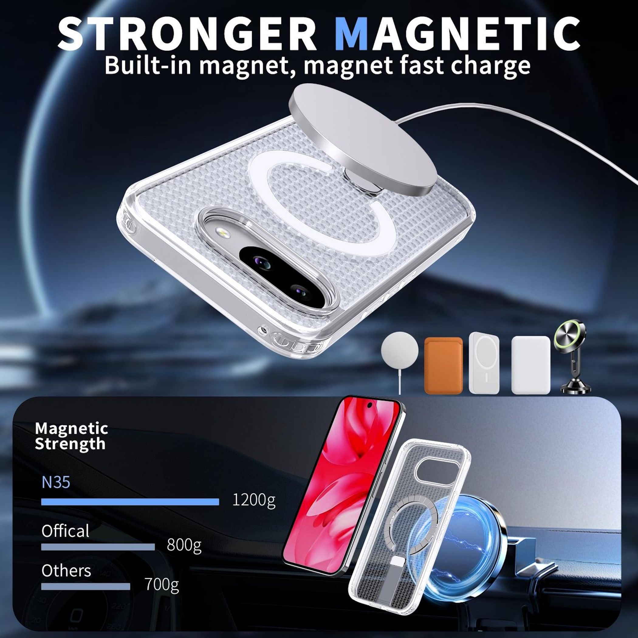 Starke magnetische Handyhülle mit Ladefunktion und Zubehör.