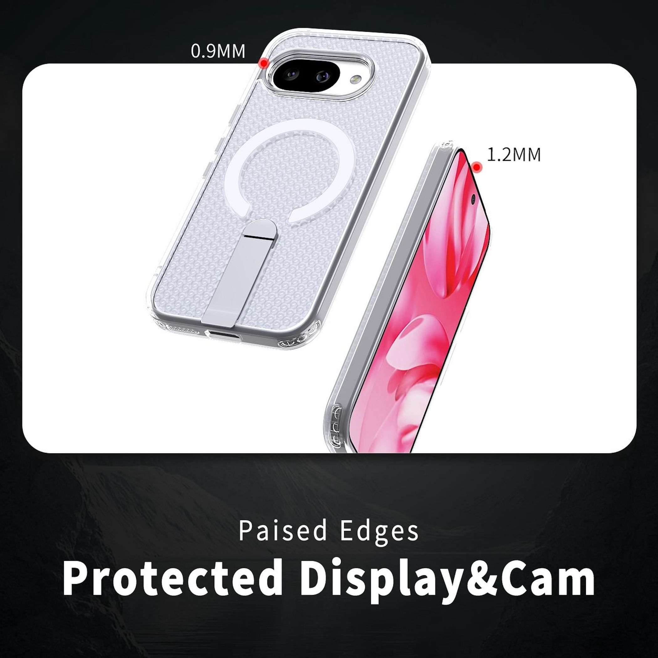 Transparente Handyhülle mit erhöhten Kanten für Display- und Kameraschutz.