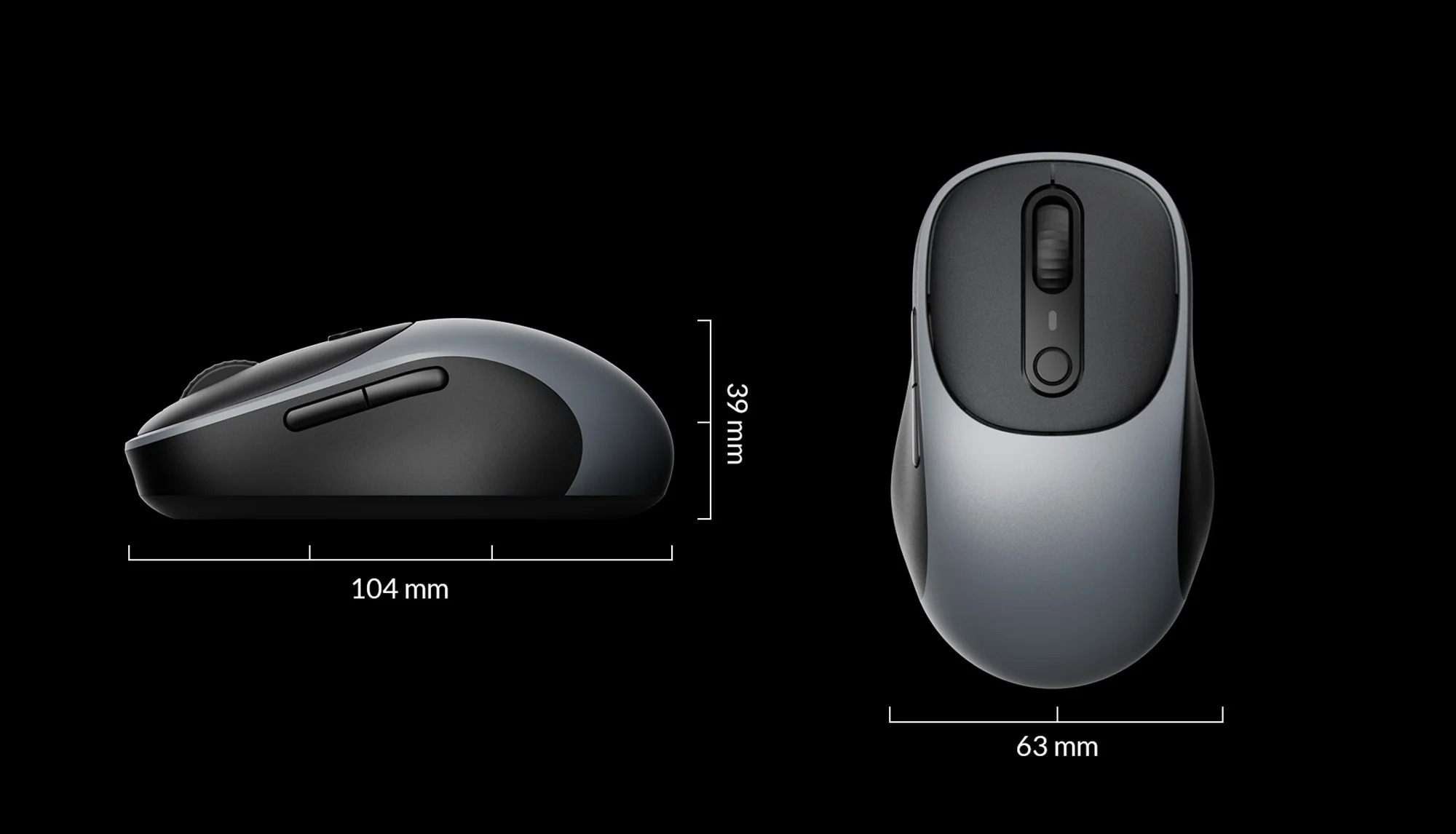 Czarna i szara mysz komputerowa o wymiarach: 104 mm długości, 39 mm wysokości, 63 mm szerokości.