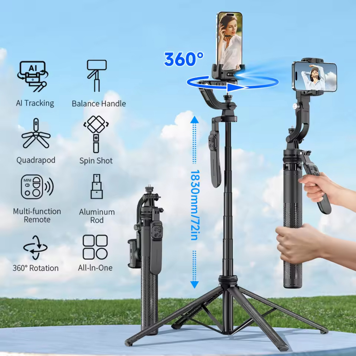 Un cardán negro con trípode y soporte para teléfono, girando 360 grados.