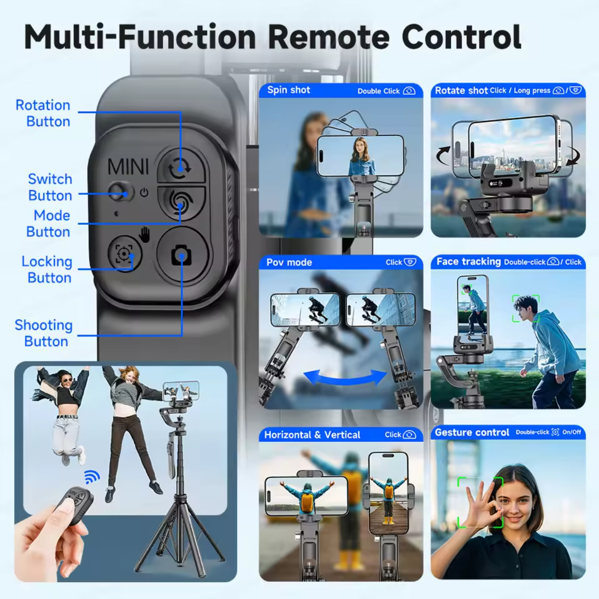 Gimbal con varios modos de disparo: Spin Shot, Pov, Seguimiento Facial, Horizontal/Vertical, Gesto.