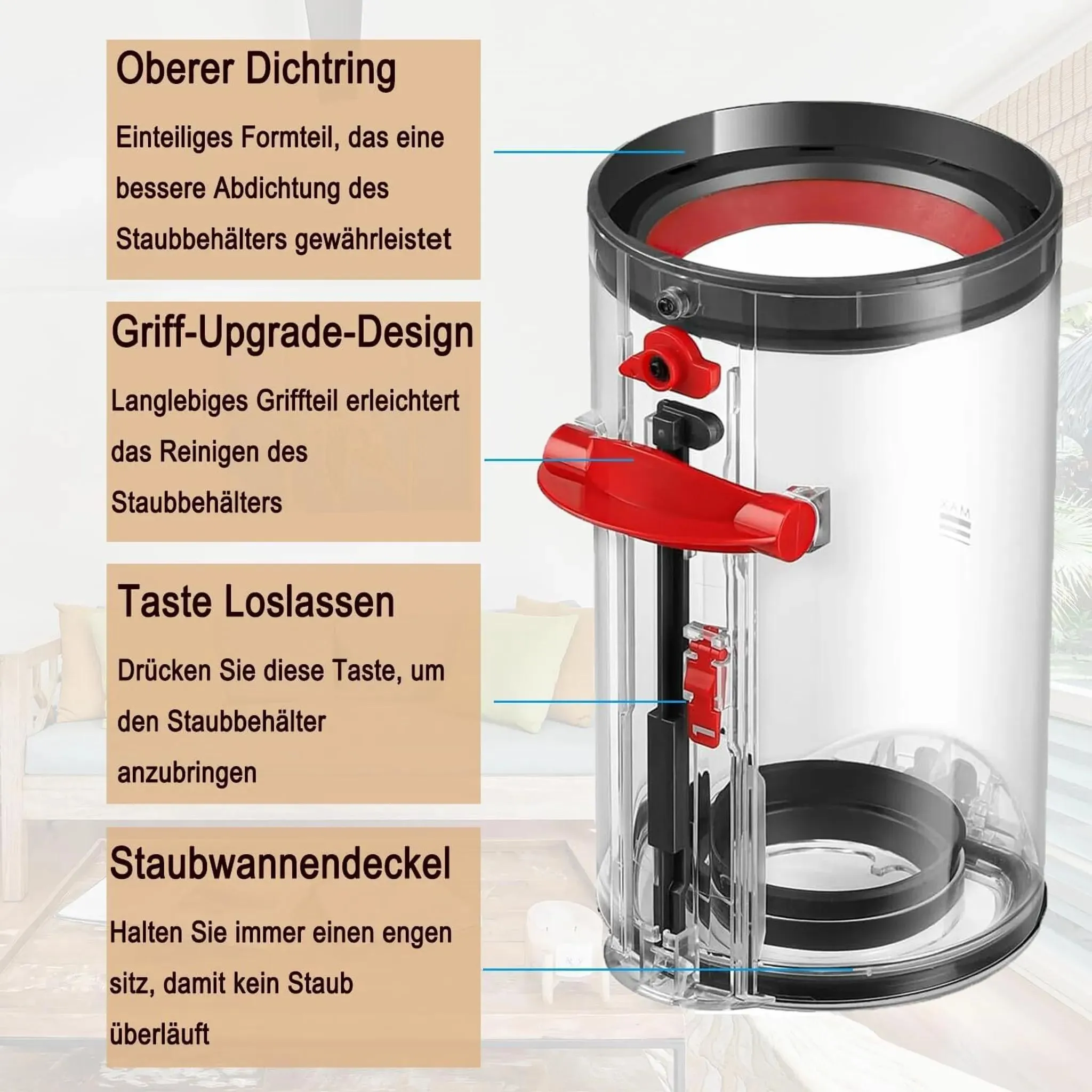 Transparenter Staubbehälter mit roten und schwarzen Details, zeigt Dichtring, Griff und Verriegelung.