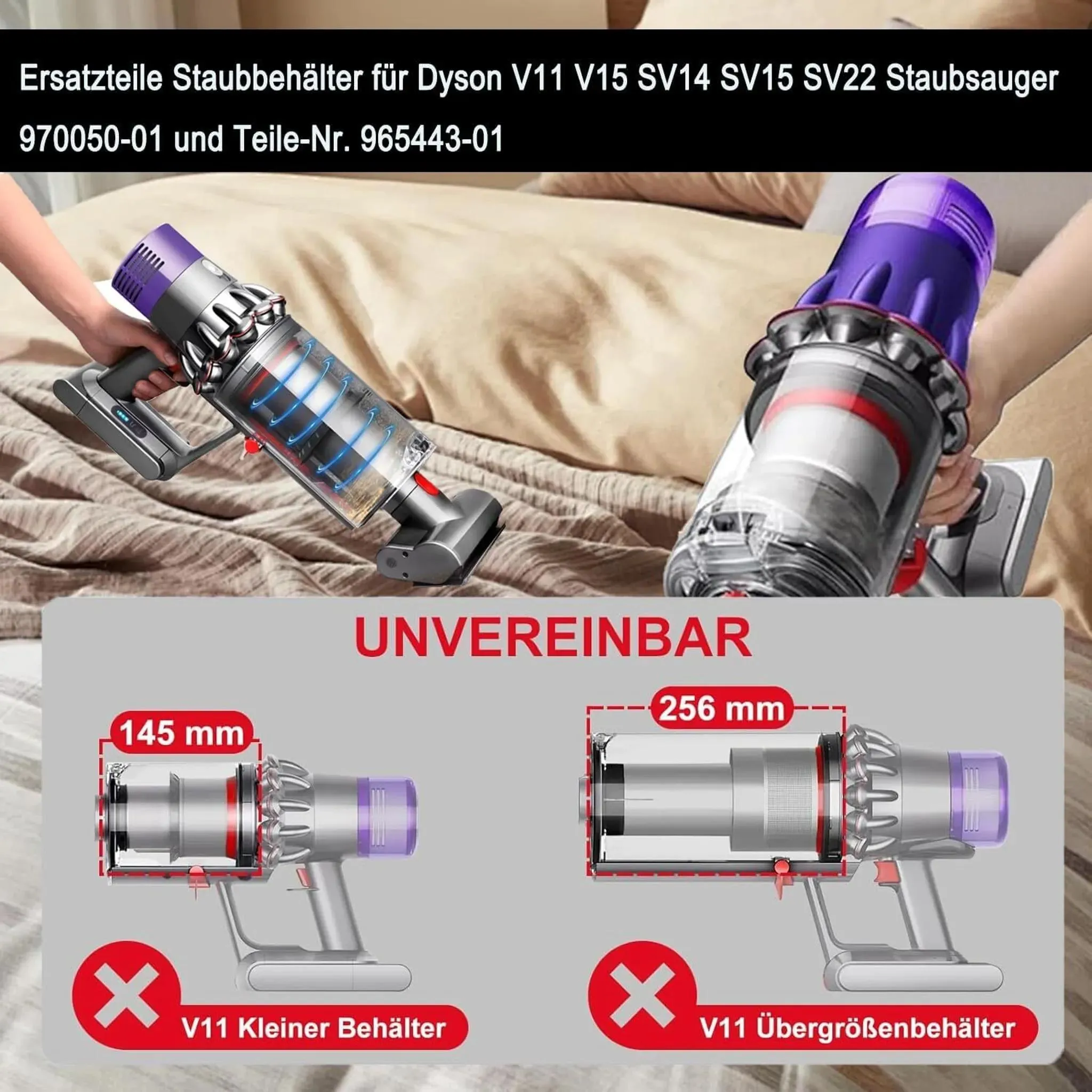 Zwei Dyson Staubbehälter im Größenvergleich: 145mm und 256mm.