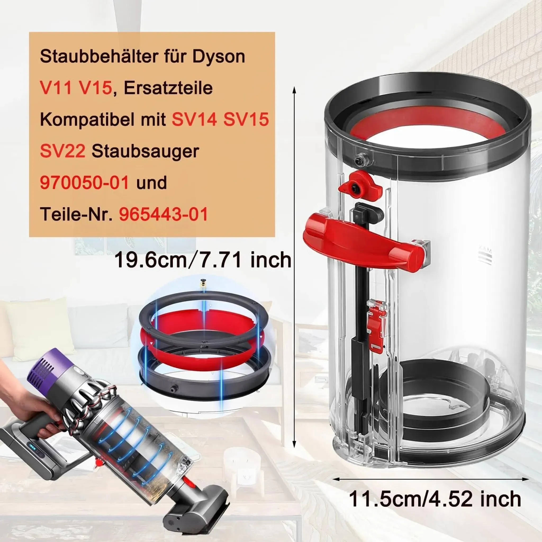 Dyson V11 V15 Staubbehälter mit roten und schwarzen Teilen, Maße 19.6cm und 11.5cm.
