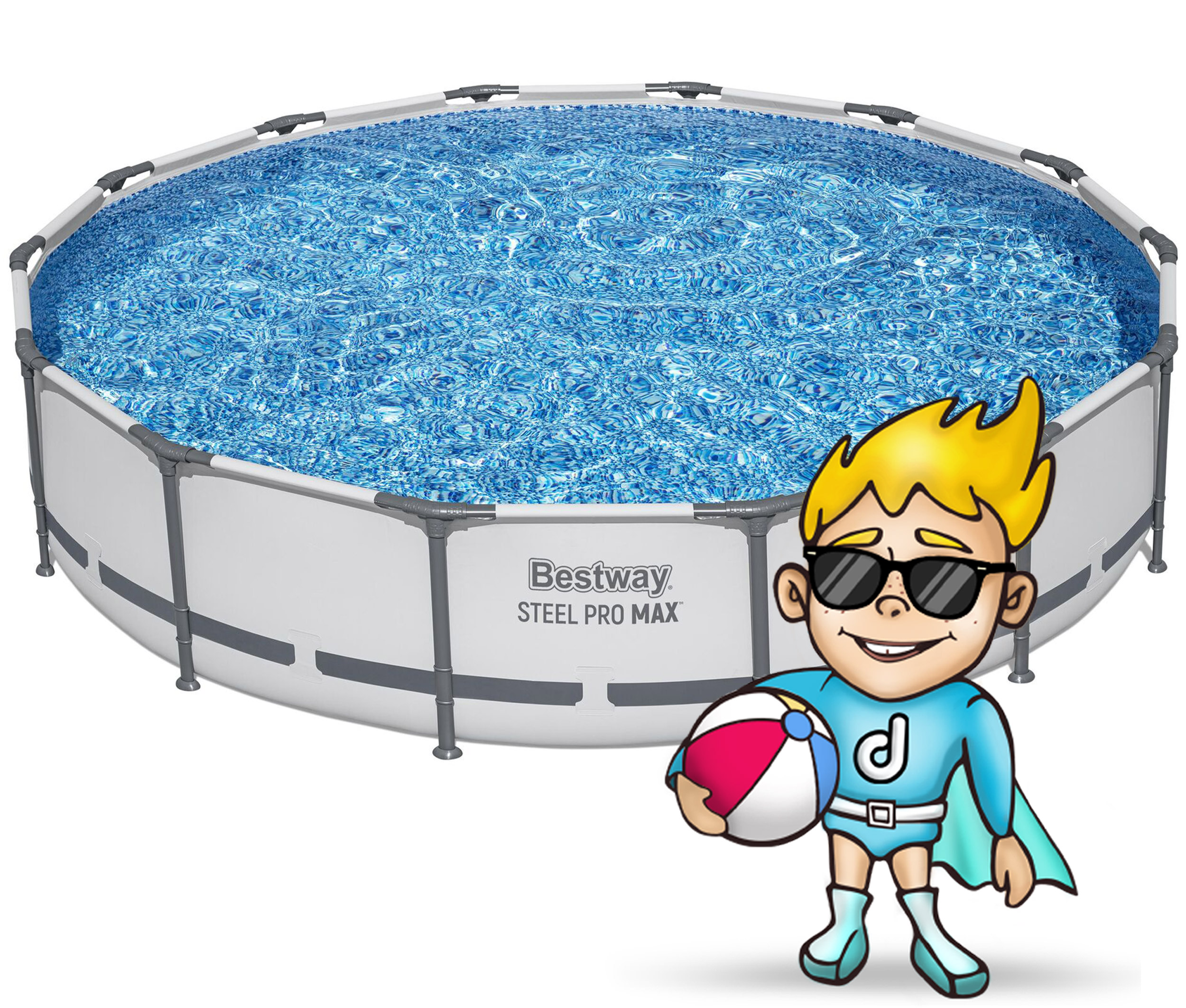Kreskówkowy chłopiec w niebieskim stroju superbohatera trzyma piłkę plażową obok basenu Bestway Steel Pro Max.