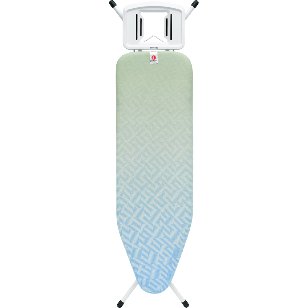 An ironing board with a white frame and a
greenish-grey to light blue ironing
cover with a pattern.