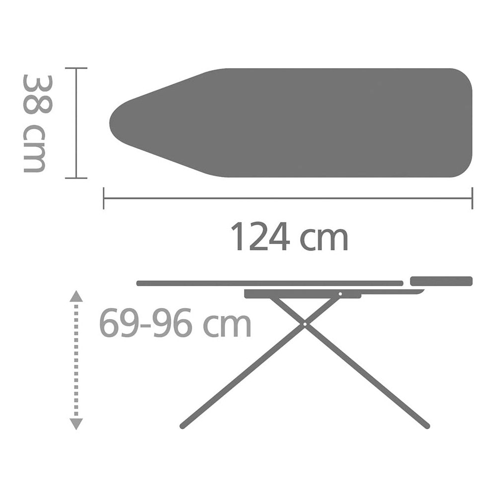 Dimensions planche à repasser : 124x38 cm. Hauteur réglable 69-96 cm.
