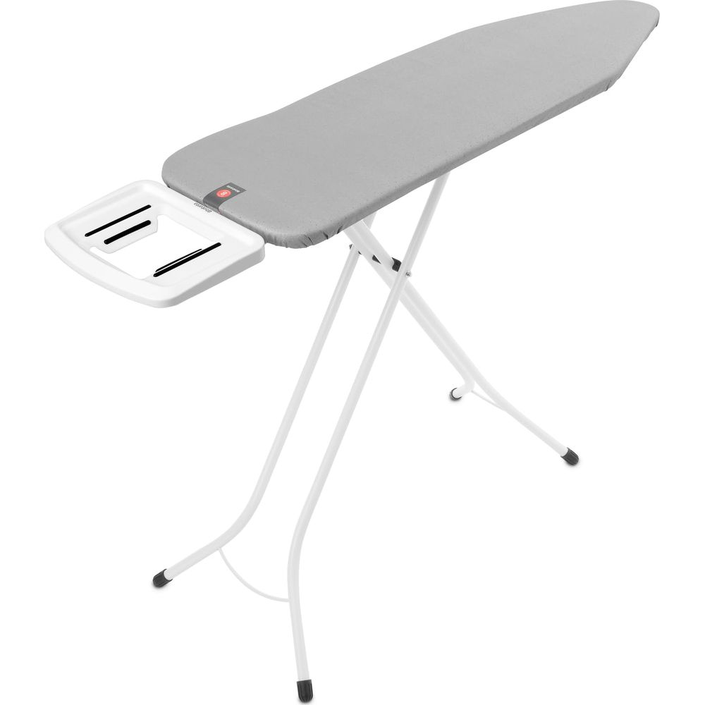 Table à repasser grise avec pieds blancs et plateau.