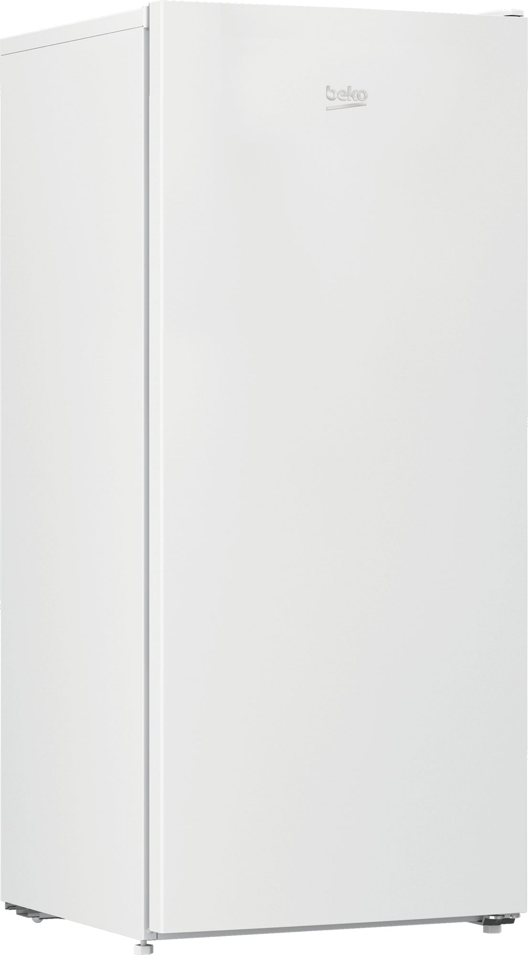 A white Beko refrigerator with a silver logo on the front.