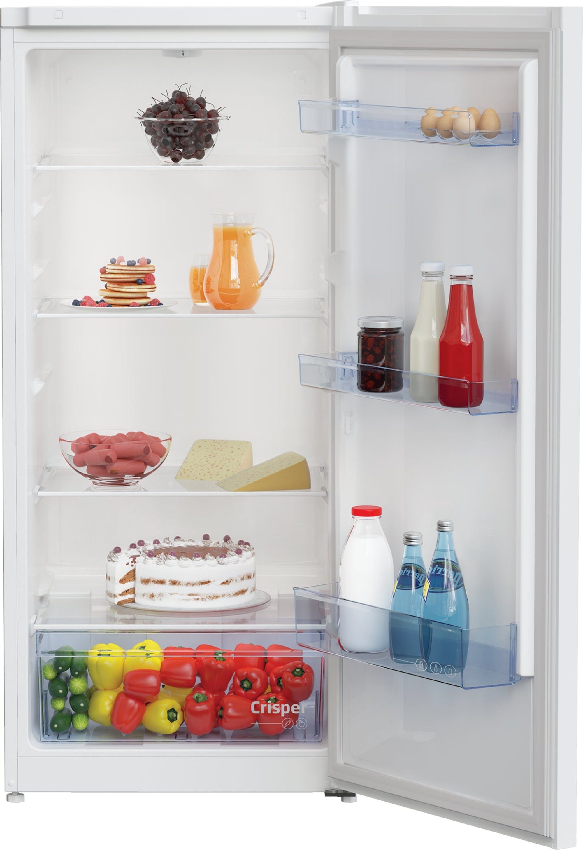 An open refrigerator filled with food: grapes, pancakes, juice, sausages, cheese, cake, vegetables, and drinks.
