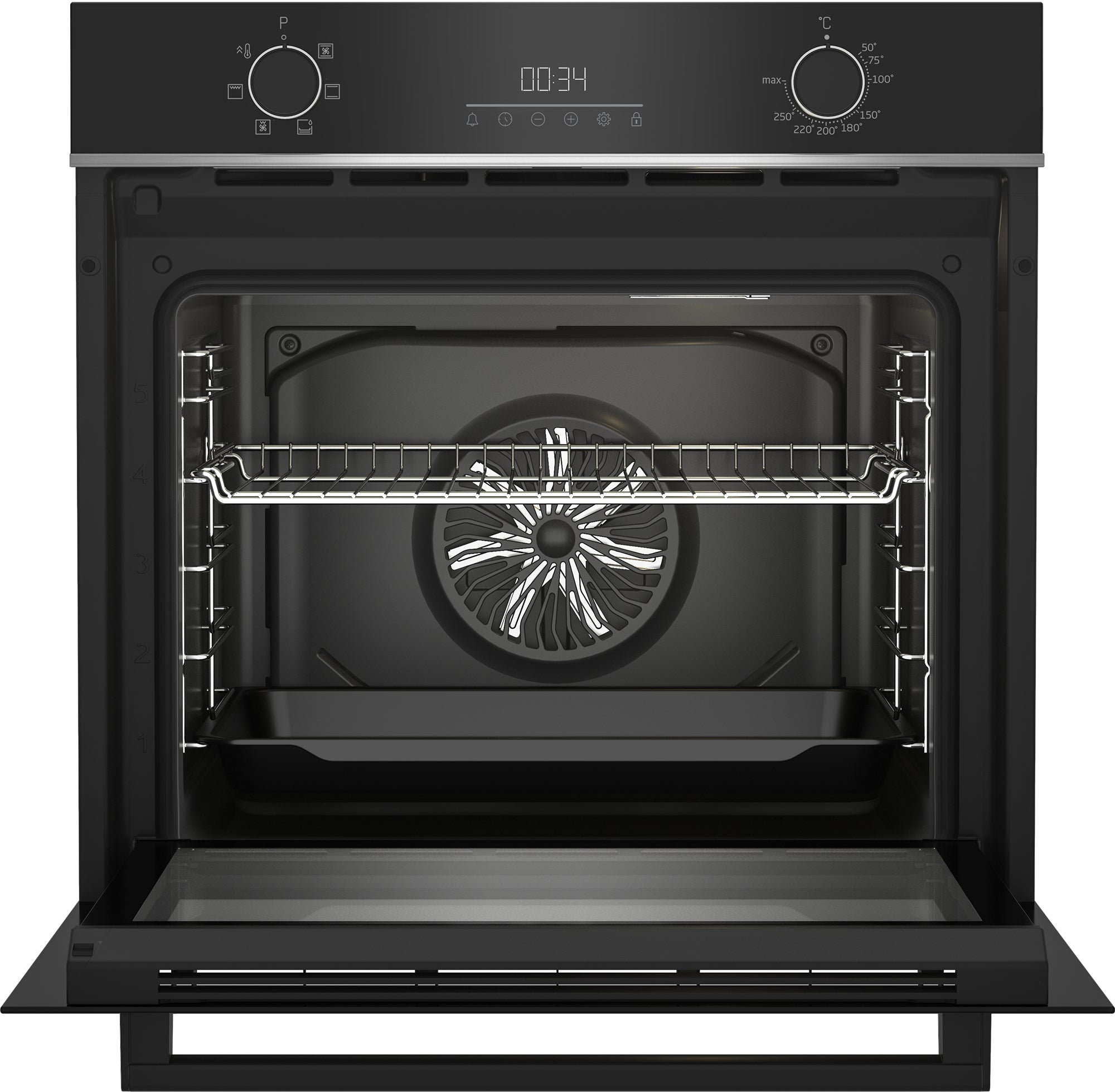 Un forno da incasso nero con porta aperta, ventola e griglia visibili.