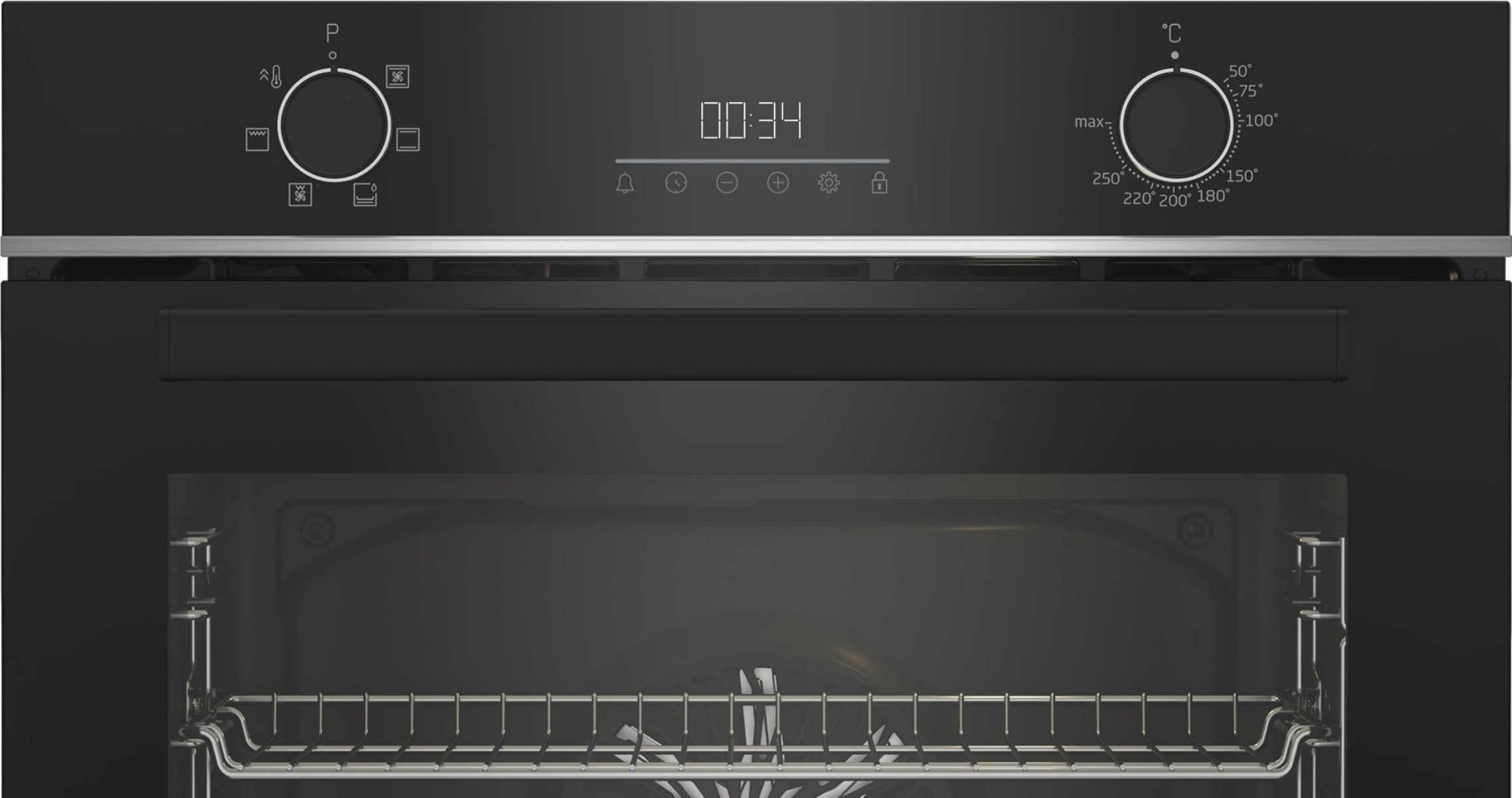 Un moderno forno nero con timer digitale e manopole di controllo.