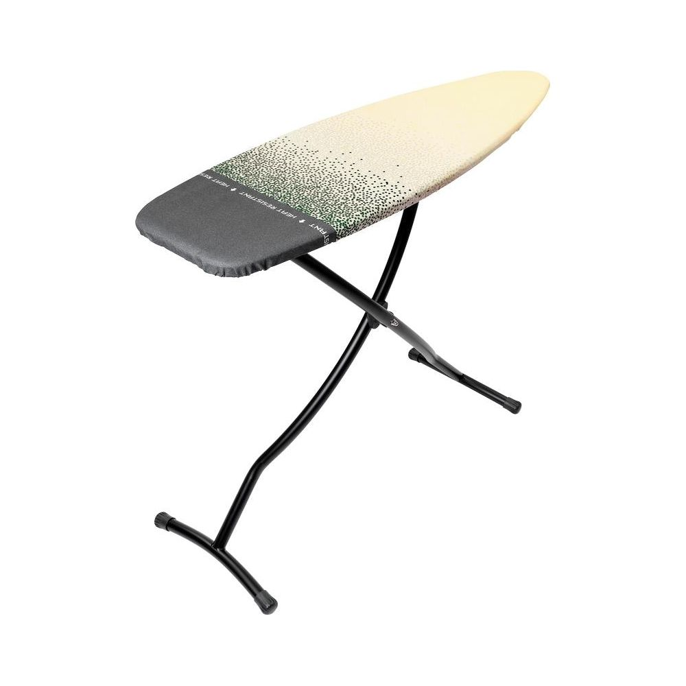 Une planche à repasser avec un cadre en métal noir et une surface à repasser à motifs.