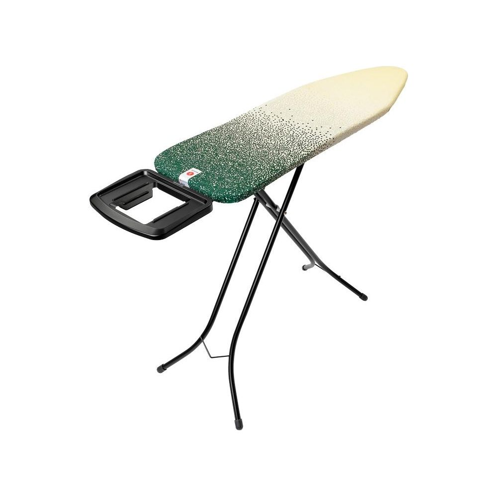 Een strijkplank met een groen-geel gespikkelde hoes, staand op zwarte opklapbare poten.