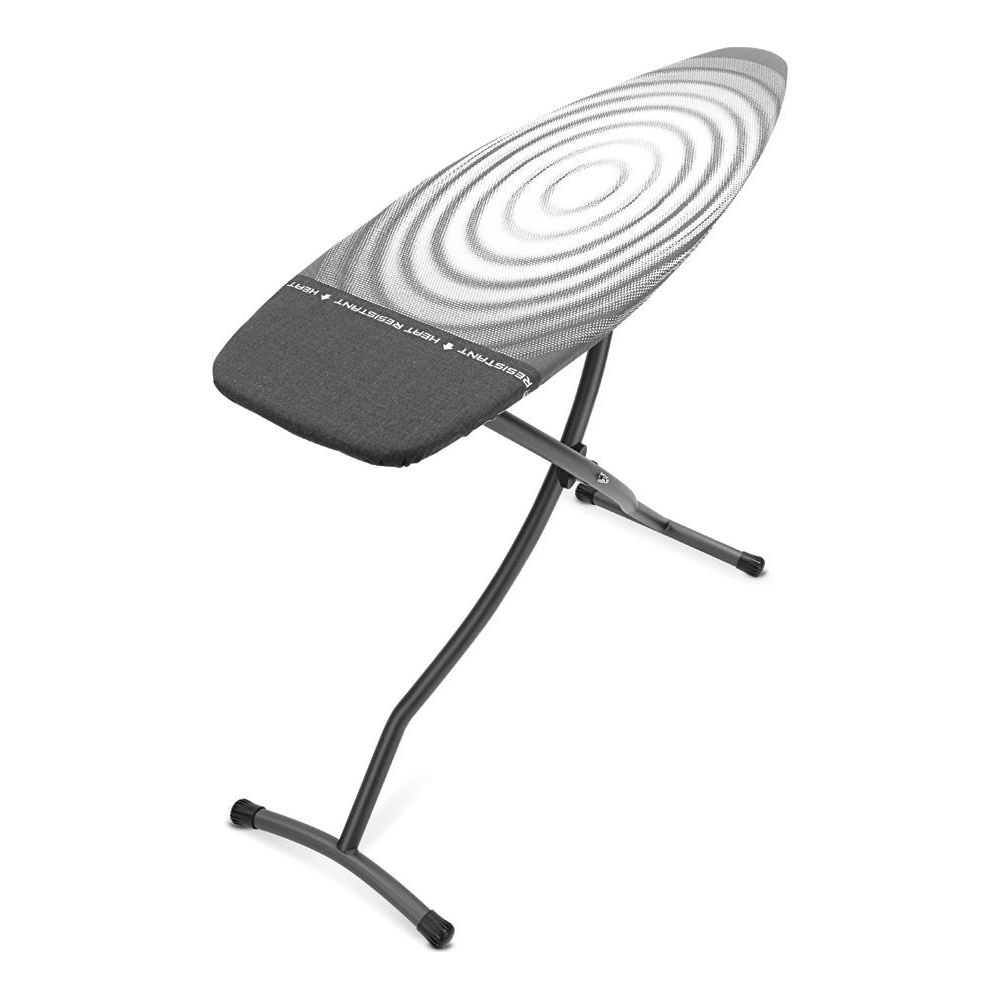 Table à repasser grise avec motif de cercles blancs et pieds en métal.
