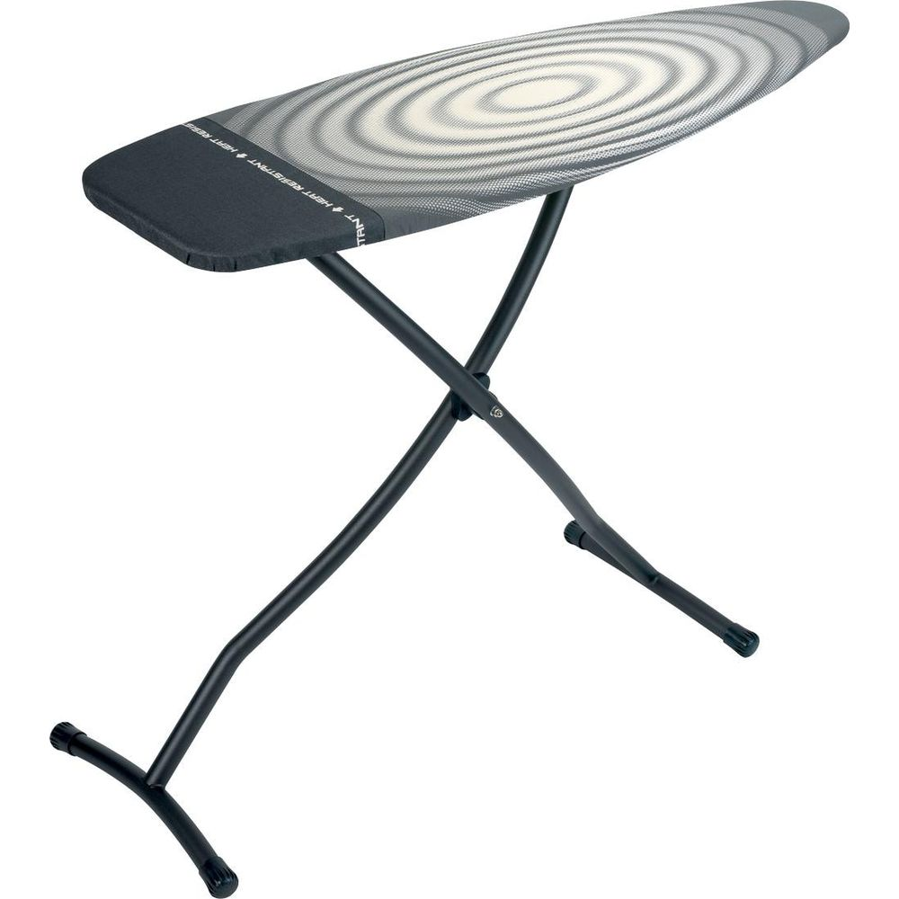 Table à repasser pliable avec pieds en métal noir et surface à motif.