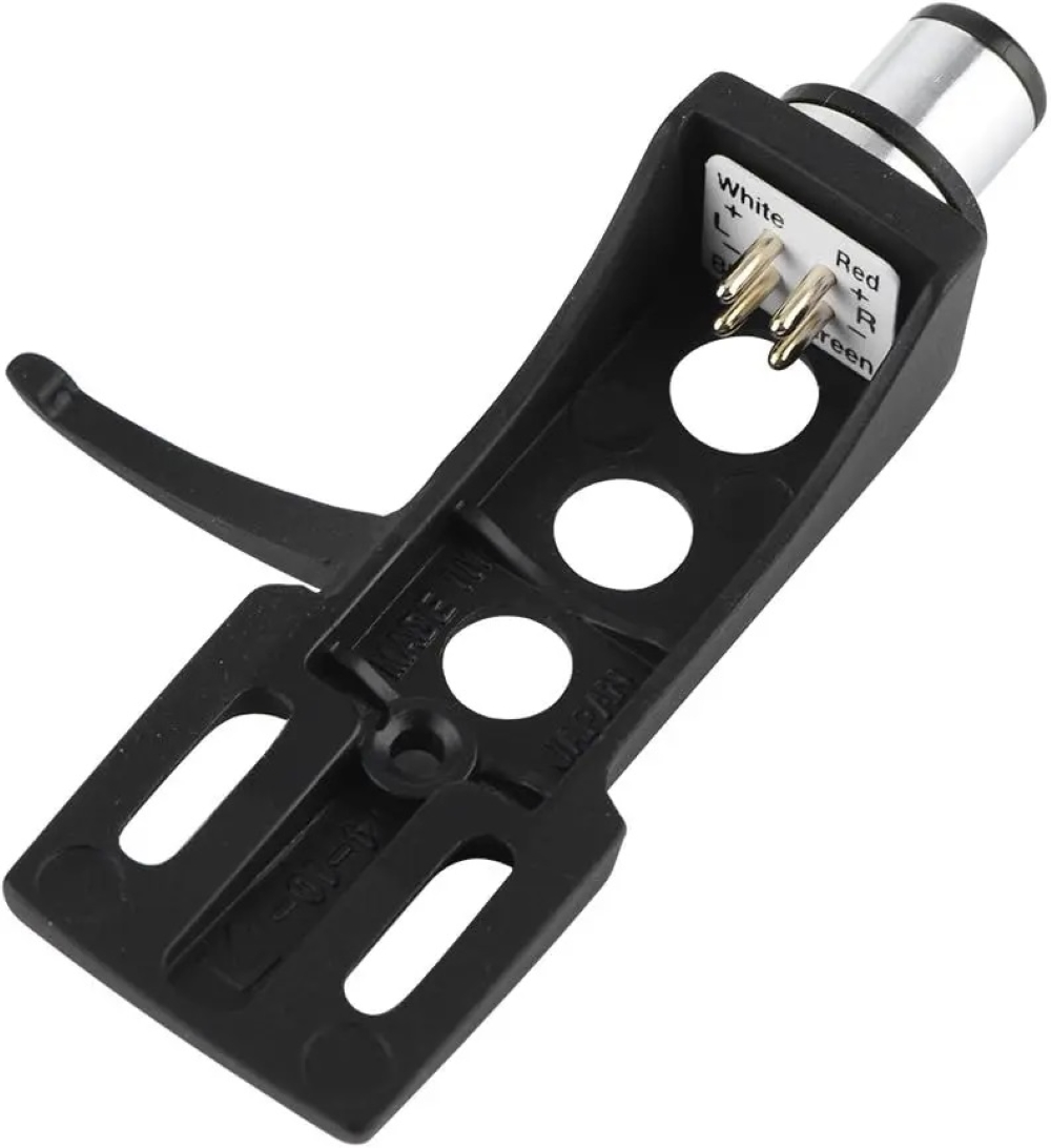 Czarna główka gramofonu z białym oznaczeniem pokazującym połączenia przewodów czerwonego, białego, zielonego, niebieskiego.