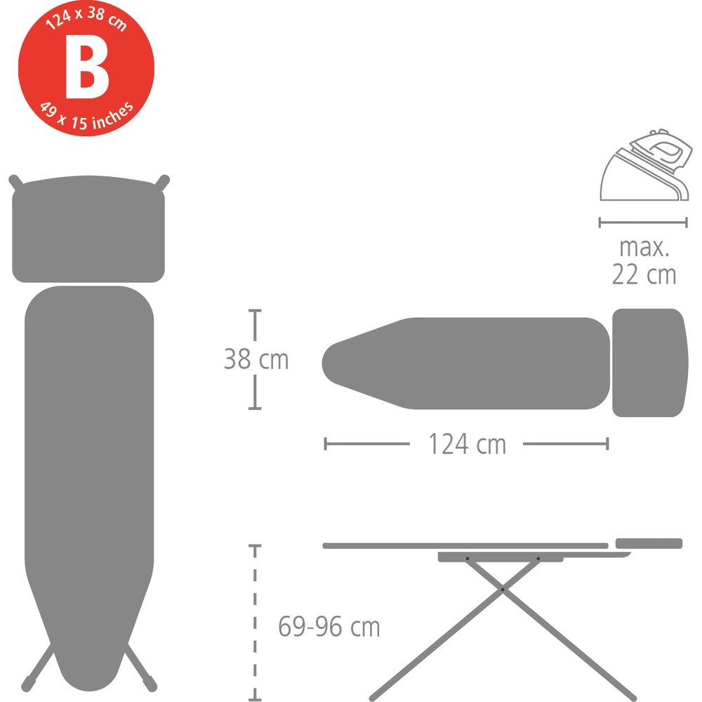 Diagramme montre dimensions planche à repasser: 124x38cm, hauteur 69-96cm. Repose-fer max 22cm.