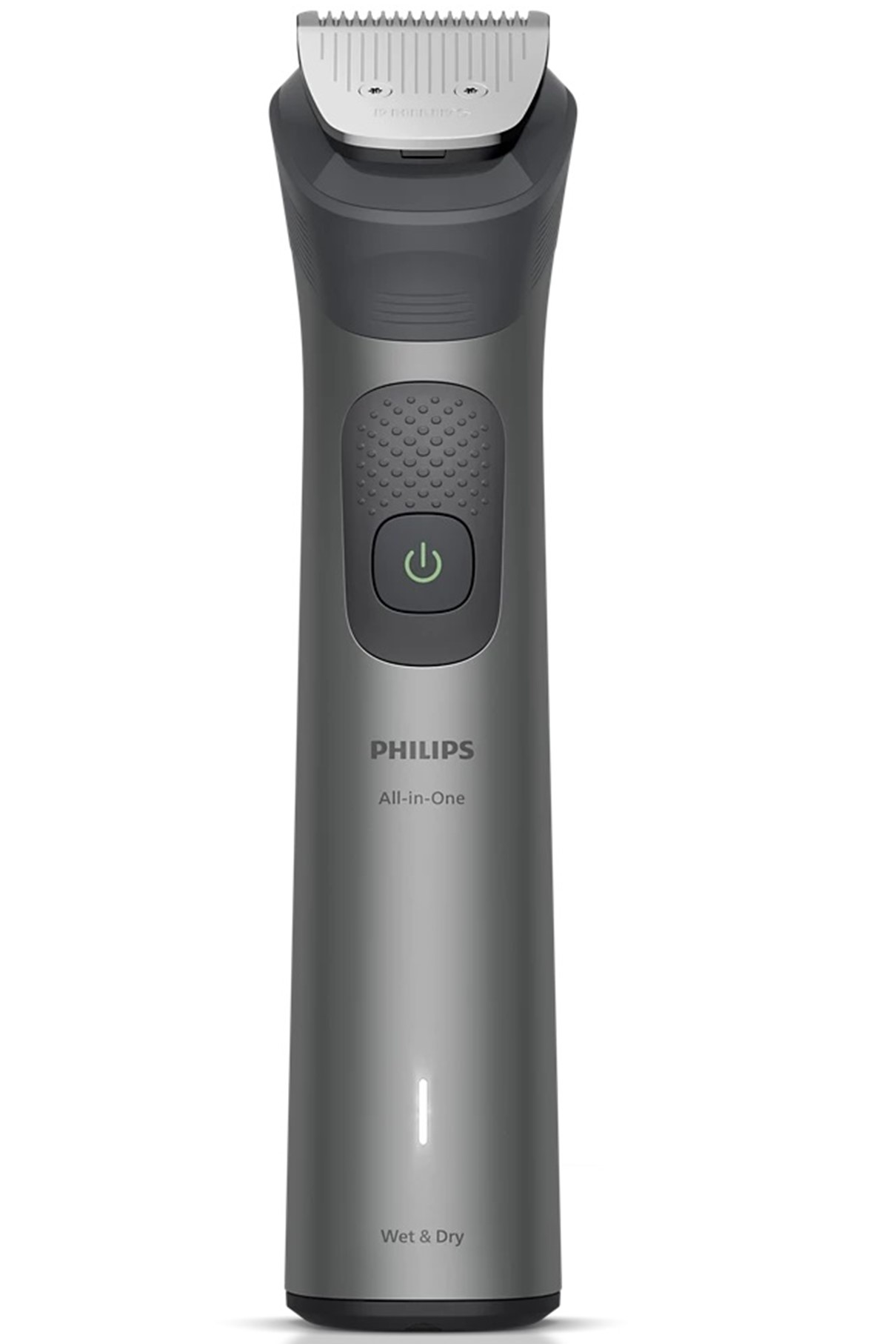 Güç düğmesi ve şarj göstergeli gri Philips Hepsi Bir Arada düzeltici.