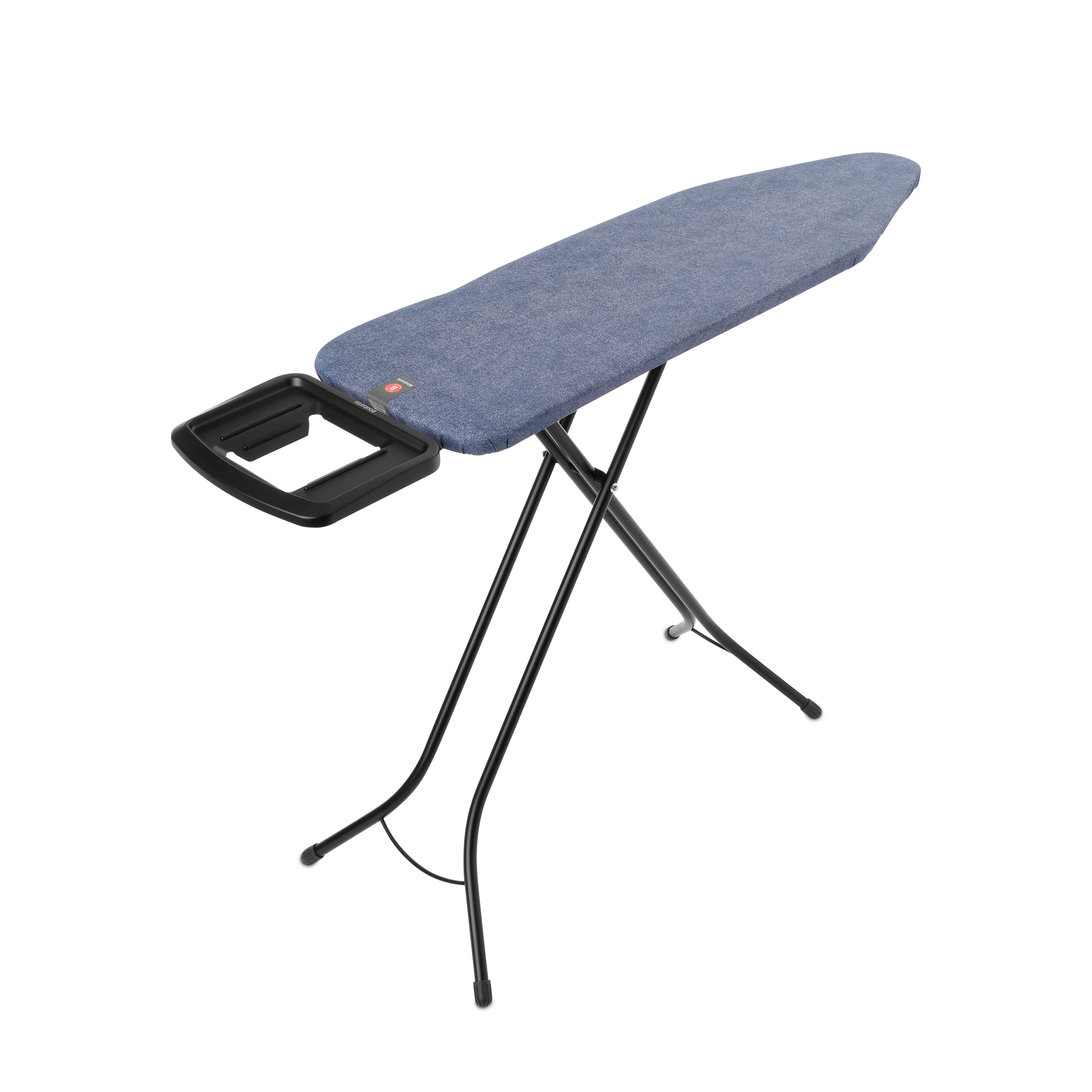 Blue ironing board with black metal legs and a tray.