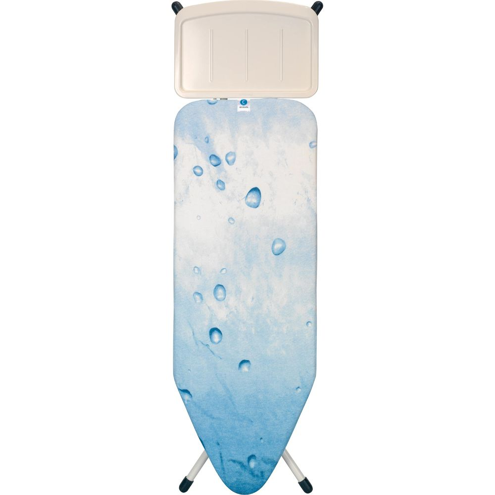 Planche à repasser avec motif de gouttes d'eau bleues et fond blanc.