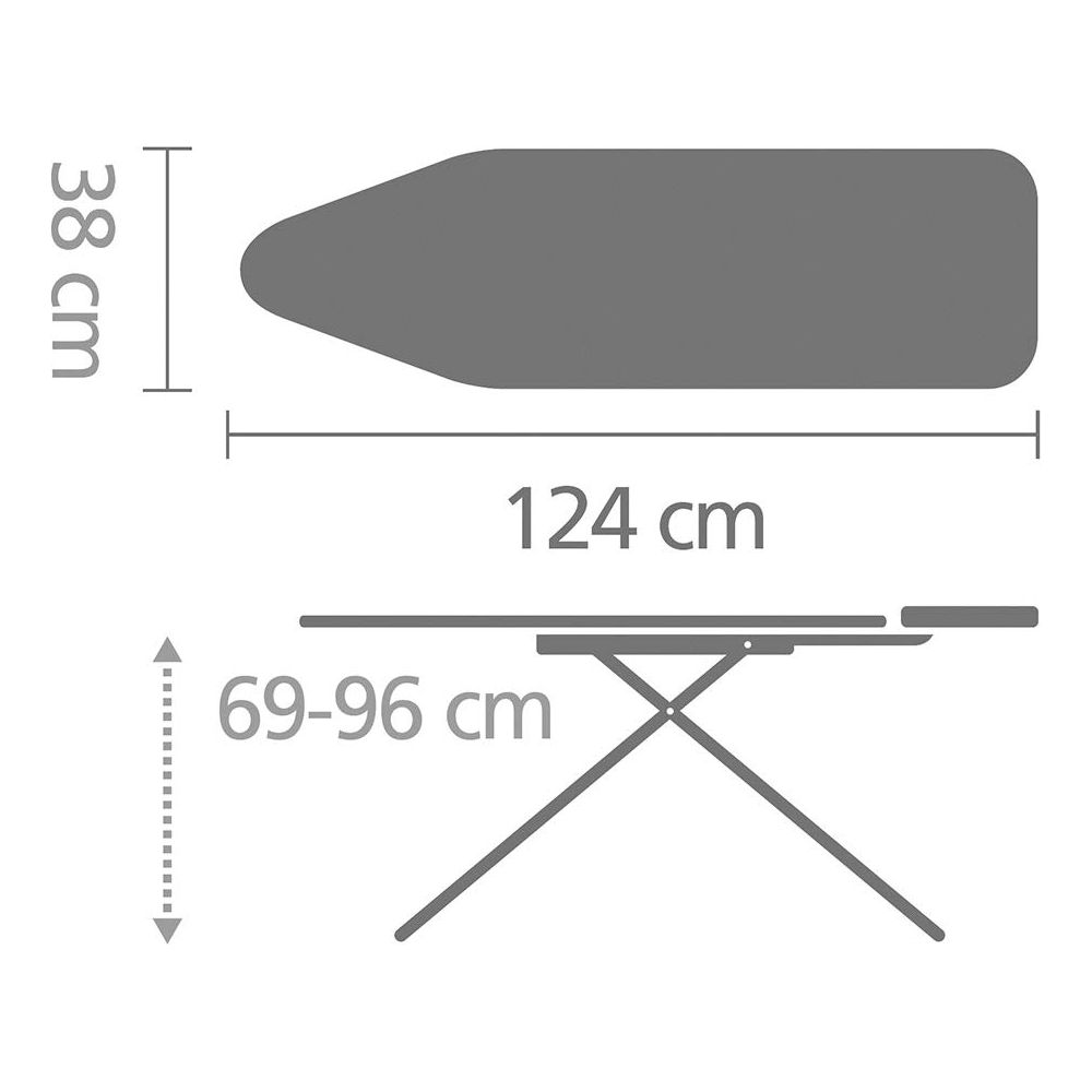 Schéma de table à repasser indiquant les dimensions : 124 cm longueur, 38 cm largeur, hauteur 69-96 cm.