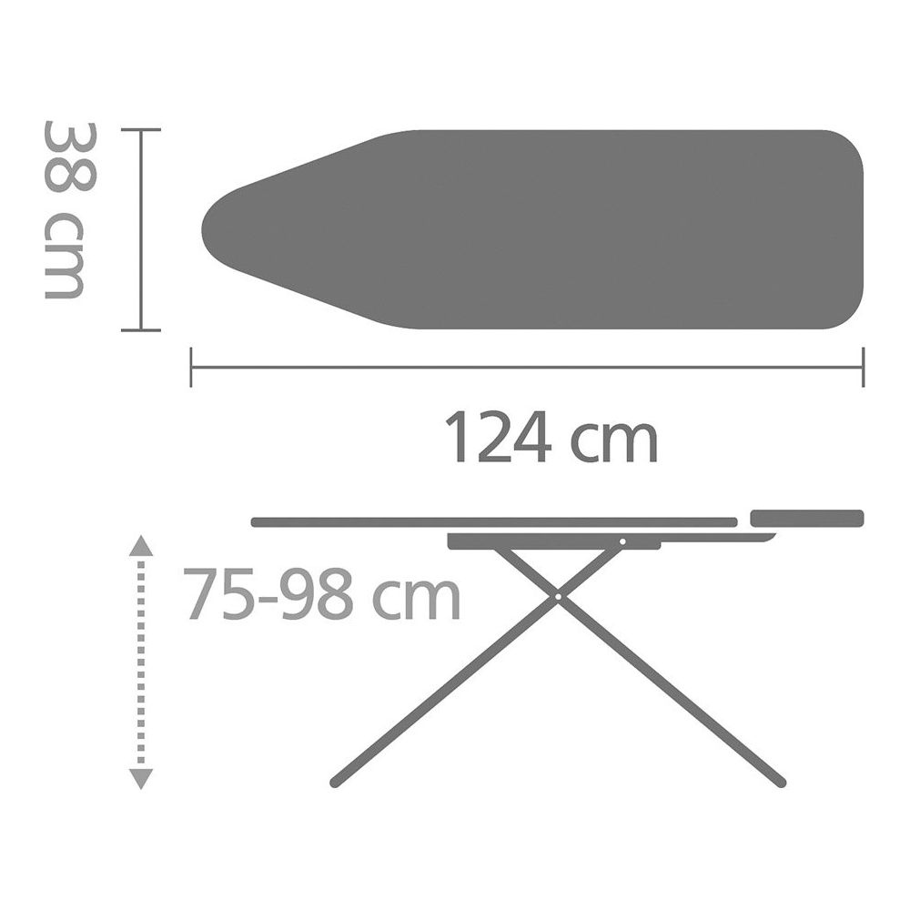 Schéma d'une planche à repasser. Dimensions : 124cm longueur, 38cm largeur, hauteur 75-98cm.