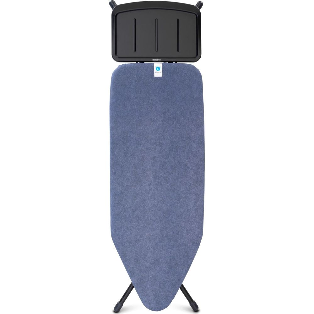 A blue ironing board with a black metal frame and tray.