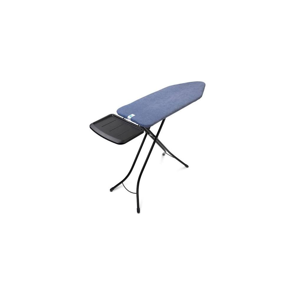 A blue ironing board with a black frame and tray stands on a white background.