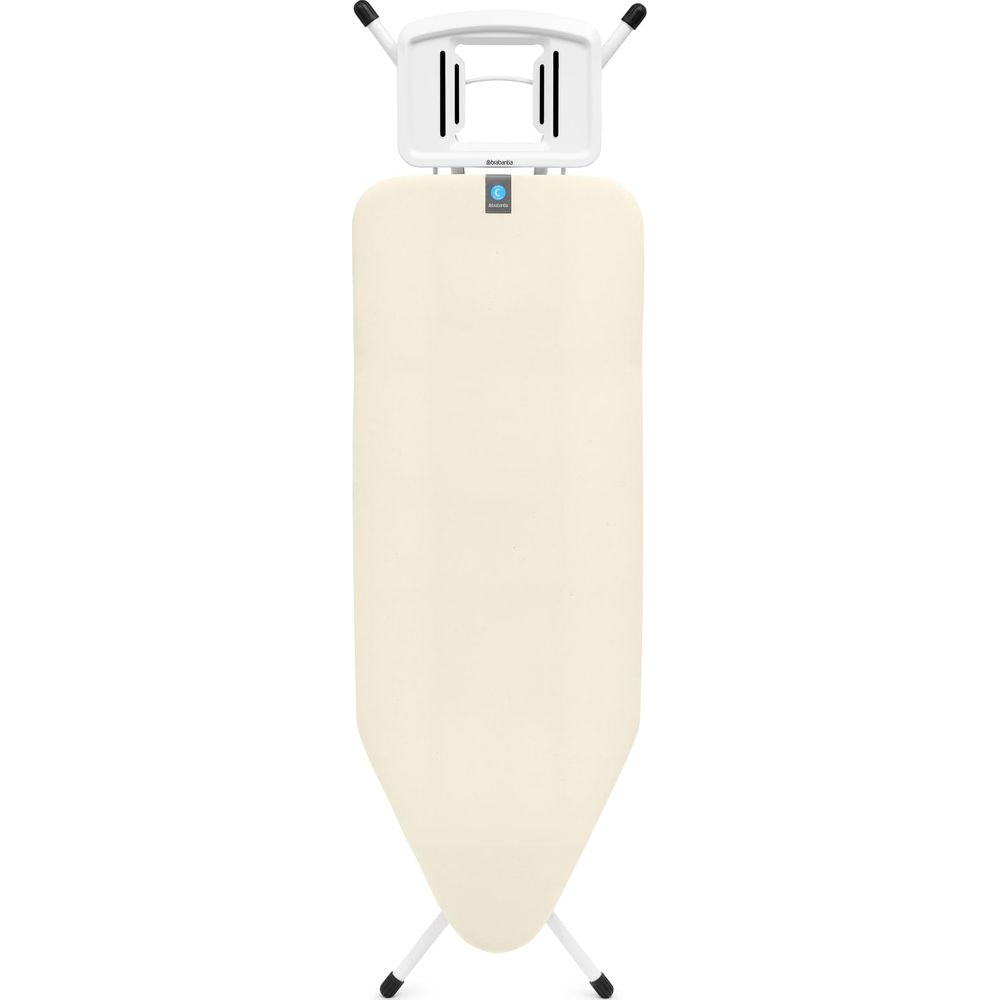 Support de planche à repasser blanc avec planche crème et support noir.