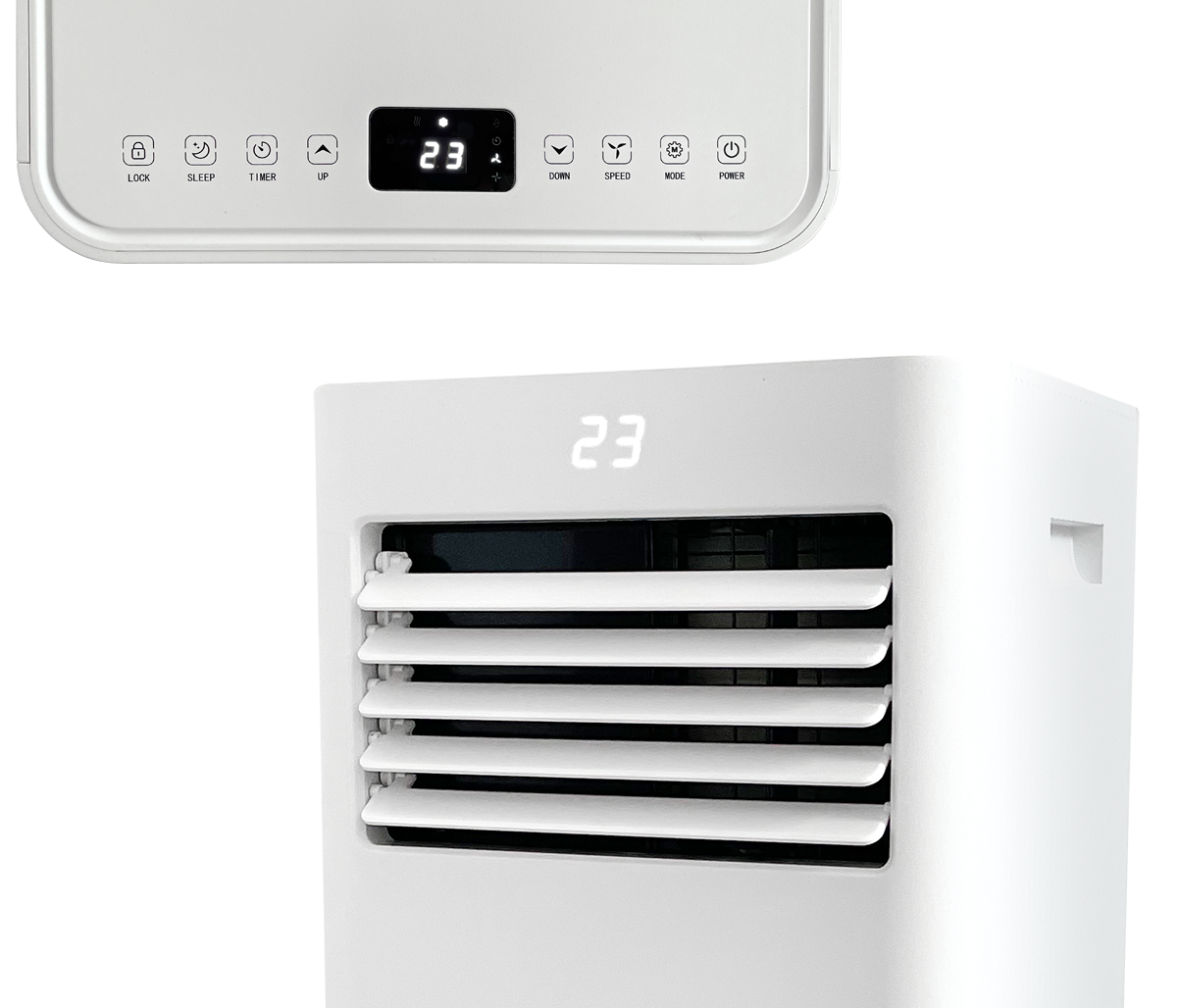 Biała chłodziarka powietrza z cyfrowymi kontrolkami i żaluzjami