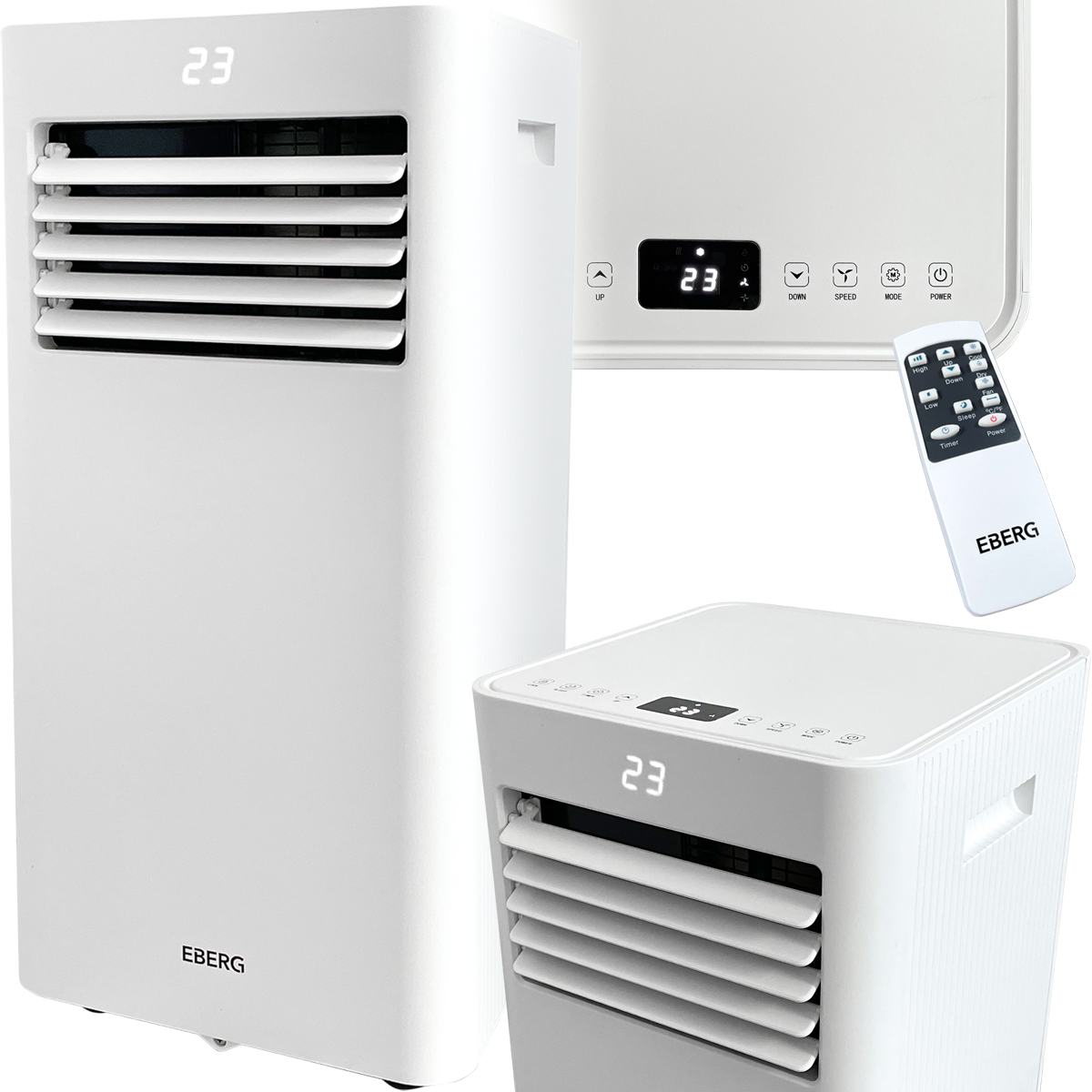 Trzy białe jednostki klimatyzacyjne i pilot na białym tle.