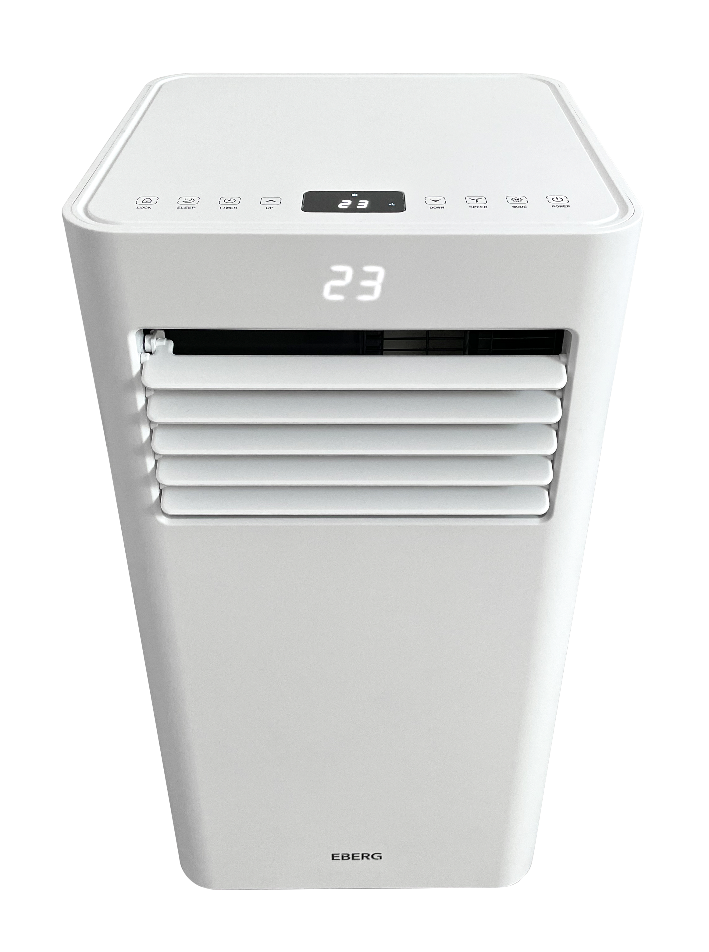 Biały wentylator wieżowy z żaluzjami i cyfrowym wyświetlaczem pokazuje 23 stopnie.