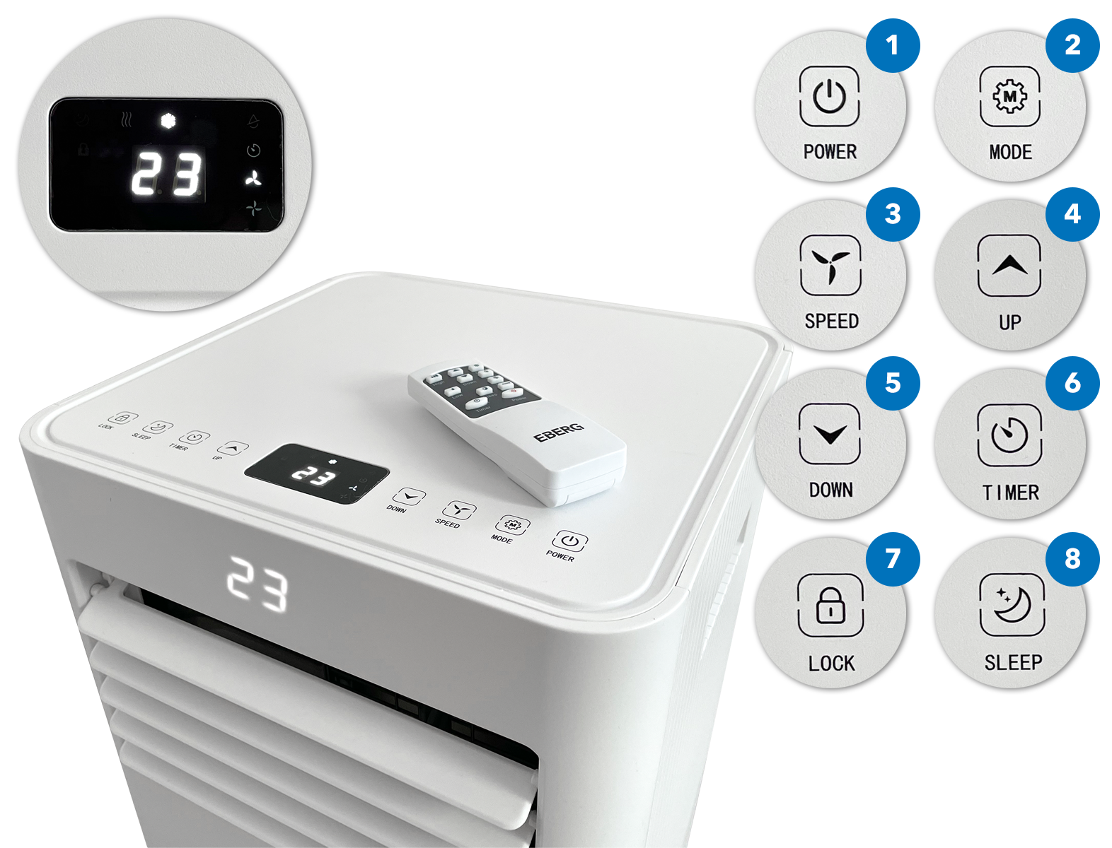 Biała chłodziarka powietrza z pilotem i cyfrowym wyświetlaczem 23 stopni.