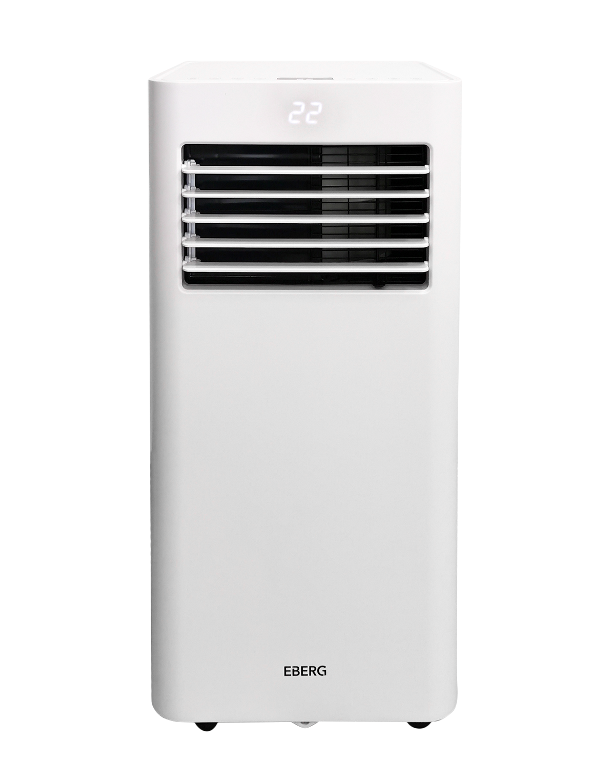 Biała wieża przenośnego klimatyzatora z otworami wentylacyjnymi i wyświetlaczem.