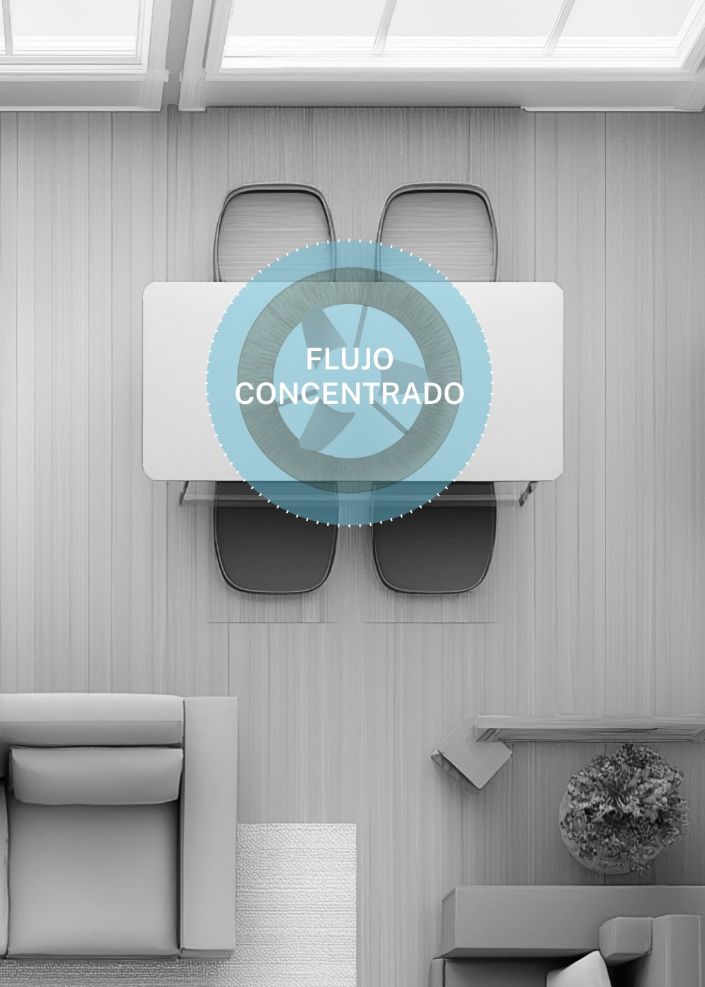 Una mesa de comedor con sillas, junto a un sofá y una estantería con planta.