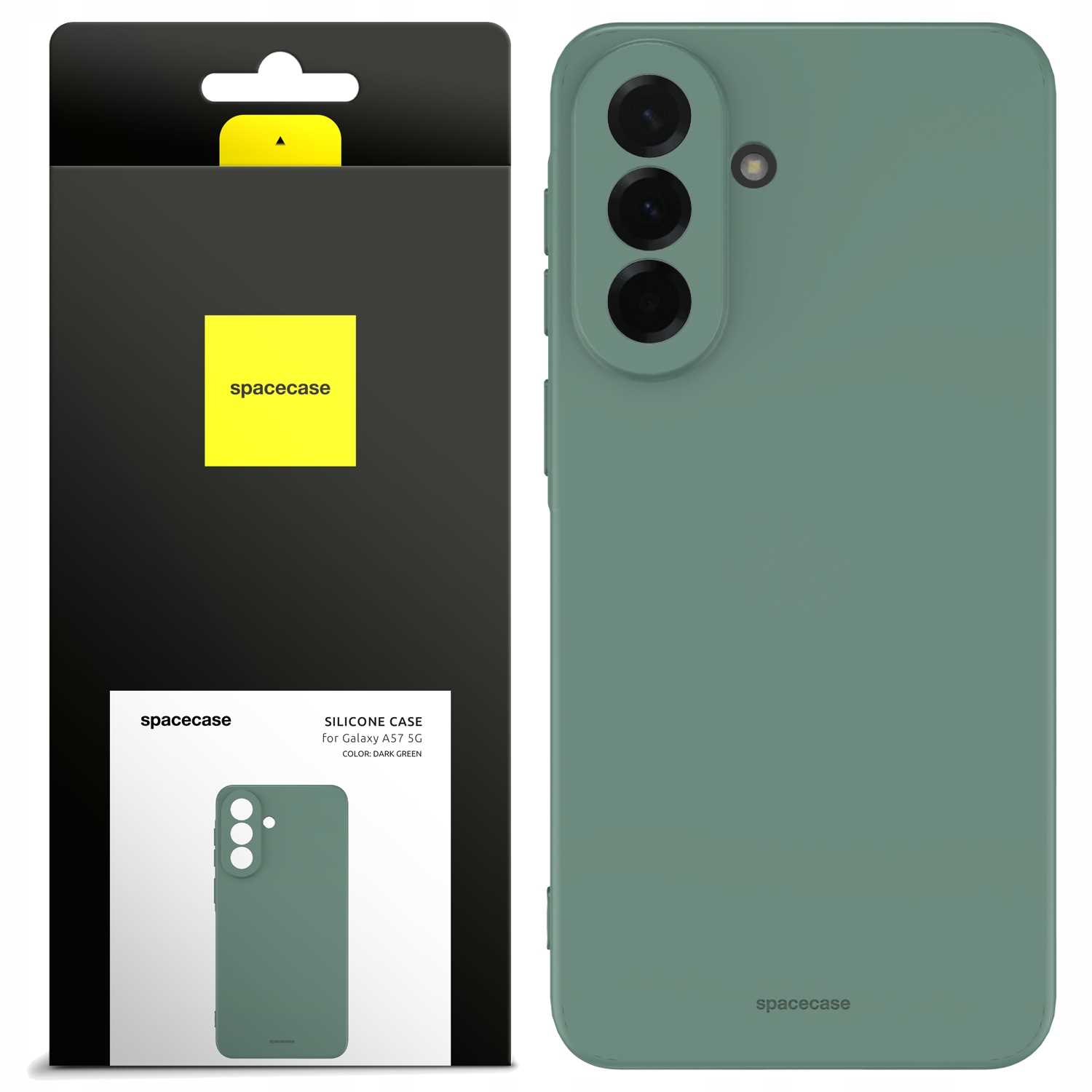 Ciemnozielone etui silikonowe do Galaxy A57 5G, pokazane z opakowaniem.