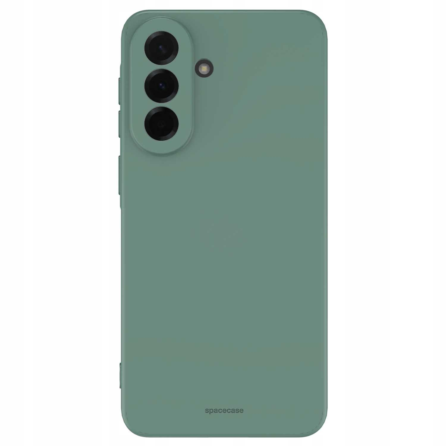 Zielone etui na telefon z trzema obiektywami aparatu i lampą błyskową w lewym górnym rogu.