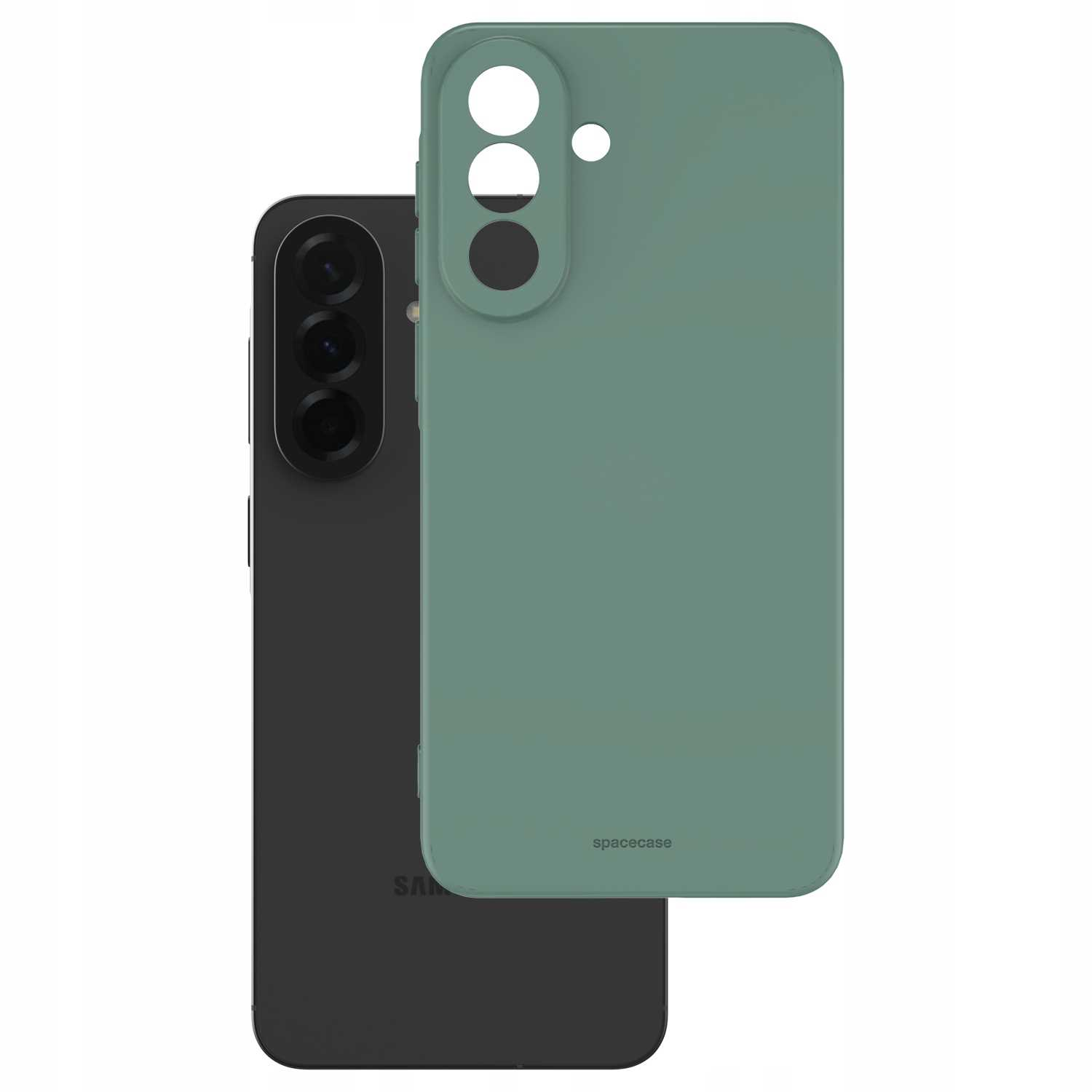 Czarny smartfon z trzema aparatami znajduje się obok zielonego etui.